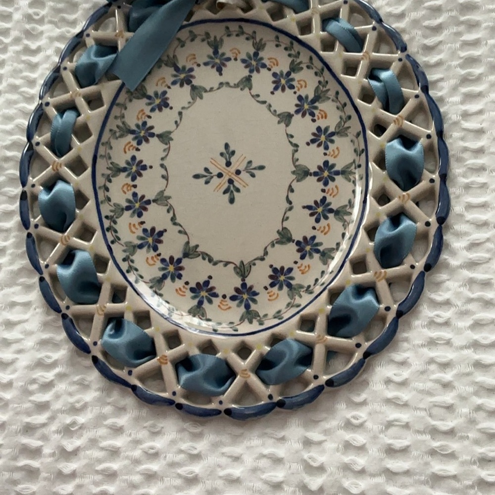 Vintage Carvalhinho Porto Decorative Oval Ceramic Plate with Blue Ribbon